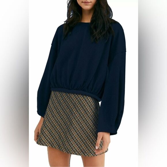 Free People Cuddle Bubble Mixed Knit Top In Navy Blue Size L - Picture 1 of 10